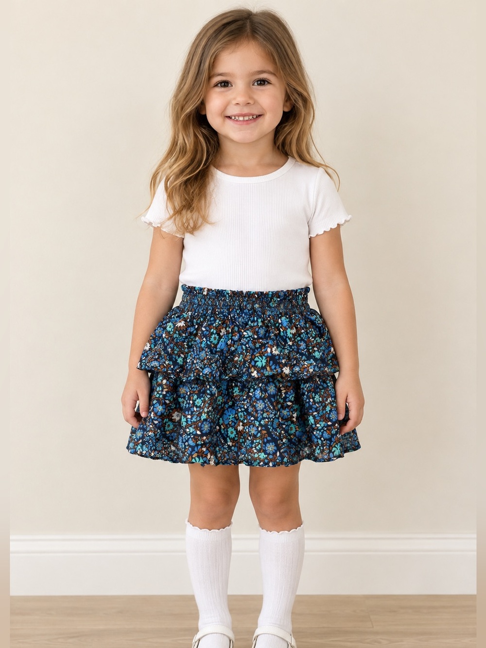 Vineyard Vines Girls 4T Blue Floral Tiered Ruffle Skirt NWOT